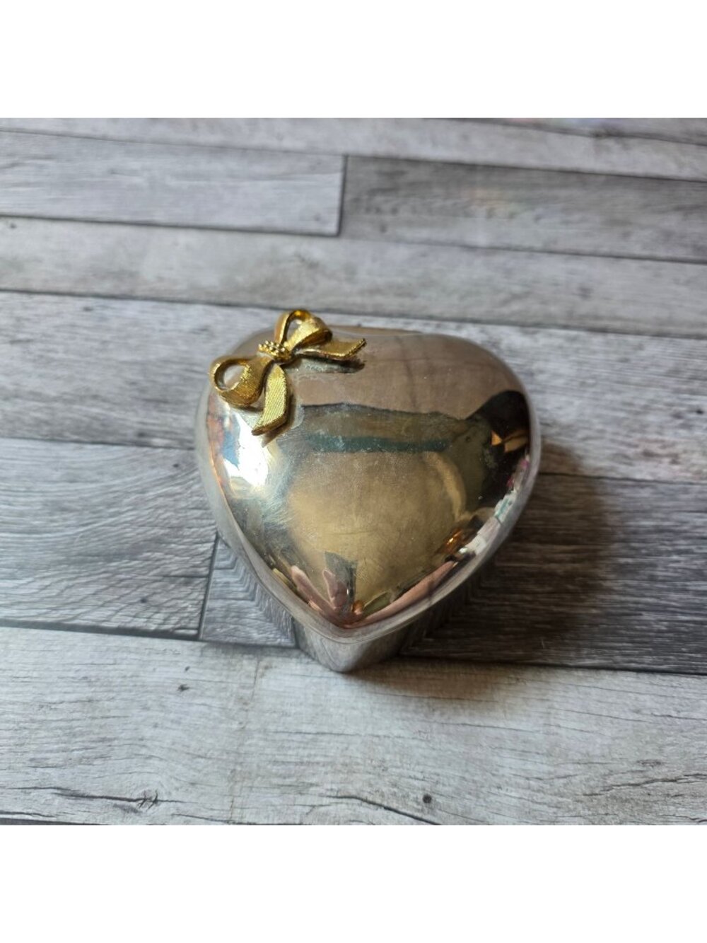 Silver-Plated Heart Trinket Box With Gold Bow & Teal Satin Lining
